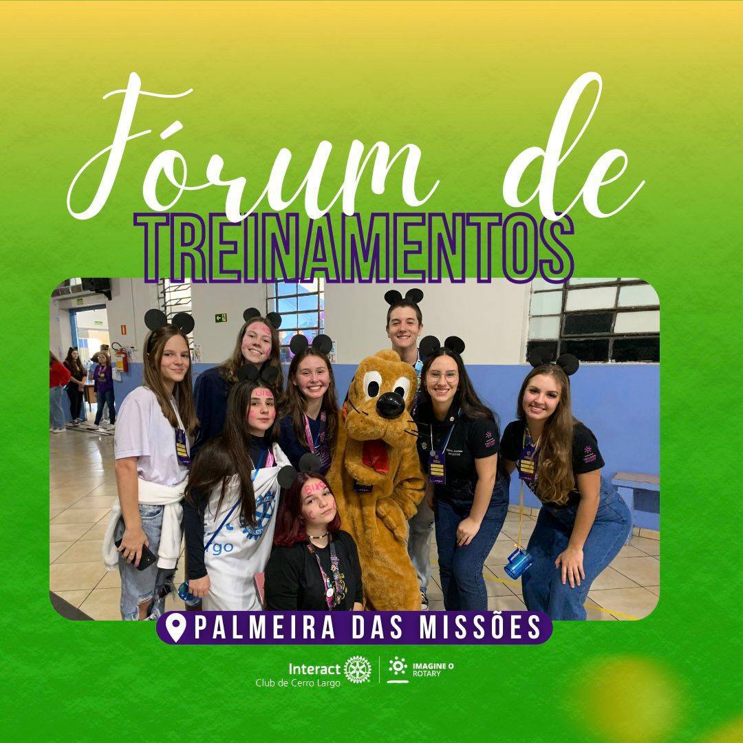 No sábado, dia 22/04/2023, foi realizado o XXIX Fórum de Treinamentos, na cidade de Palmeira das Missões, que tinha como objetivo integrar e apresentar aos novos interactianos os cargos que se fazem presentes dentro de um clube e de que forma exercer sua função. No evento houve diversas dinâmicas como a pintura dos bixos (interactianos presentes no seu primeiro evento), segunda chave do CDO (Concurso Distrital de Oratória), onde a companheira Lynda foi classificada em 3º lugar para a semifinal do Concurso Distrital de Oratória, treinamento do cargo de projetos, dirigido pela companheira Pâmela, Represete (reunião de presidentes, secretários e tesoureiros) e apresentação dos destaques do trimestre, onde a presidente Priscila recebeu o 3° lugar.  #paratodosverem A arte está composta por um fundo verde. Na parte superior central está escrito “Fórum de treinamentos ”. Na parte inferior central está a logo do Interact Club de Cerro Largo e a logo do Lema Rotário “Imagine o Rotary”. 💜🔅