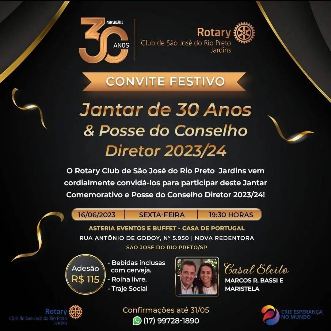 Jantar de 30 anos no Rotary Club de SJRP Jardins.