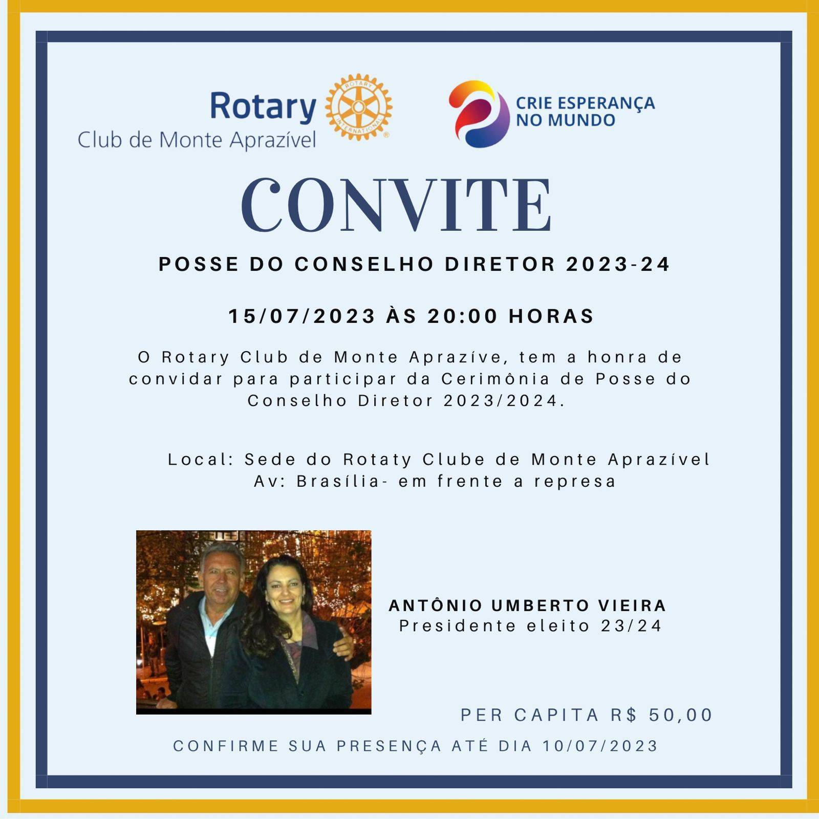 Rotary Club de Monte Aprazível Convida Para Posse do Conselho Diretor 2023/2024