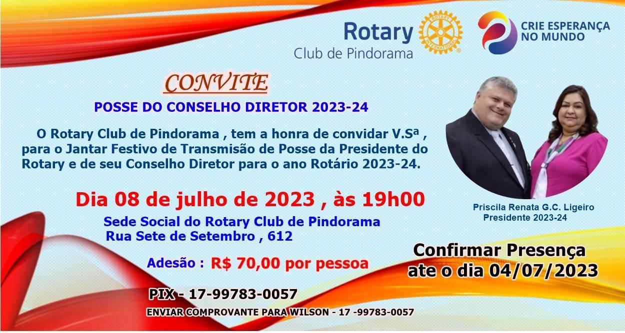 Convite para Posse Conselho Diretor 2023-24 Rotary Club de Pindorama