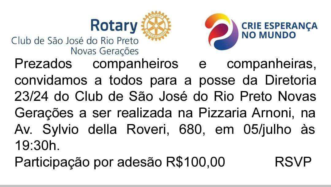 Convite Posse Diretoria 2023-24 Rotary Club de São José do Rio Preto Novas Gerações