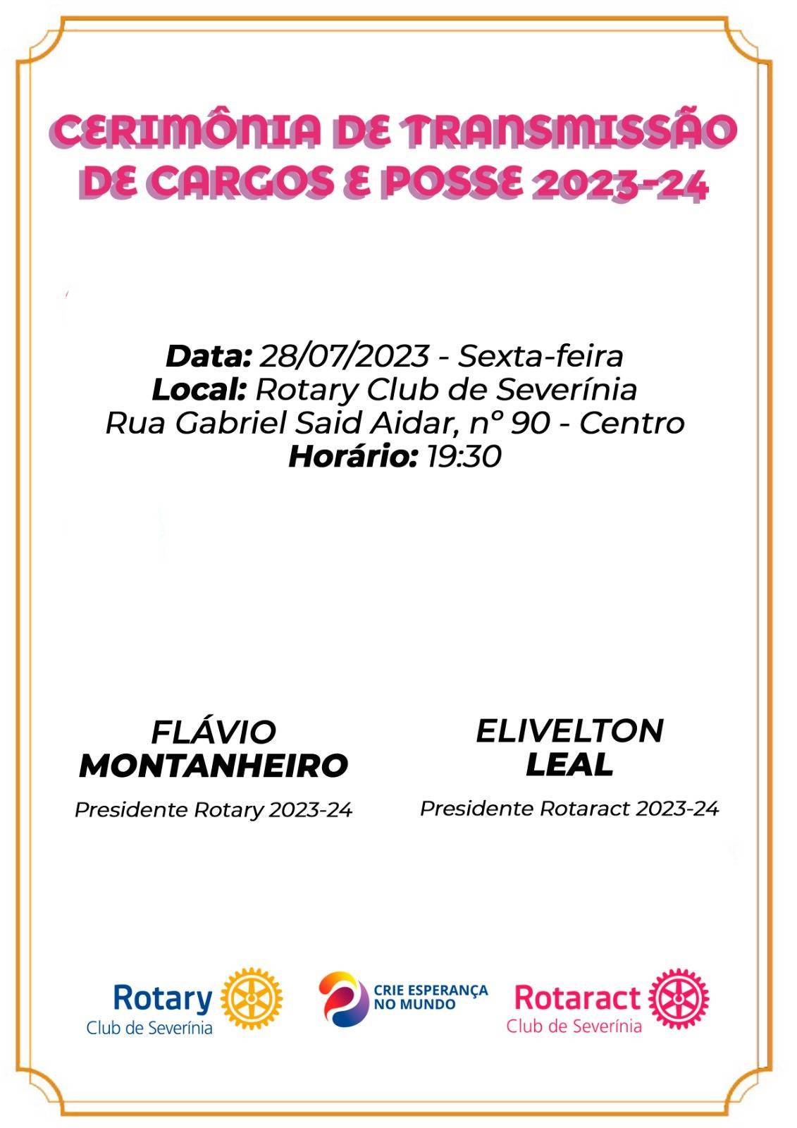 Convite para Cerimônia de Transmissão de Cargos e Posse do Rotary Club de Severínia