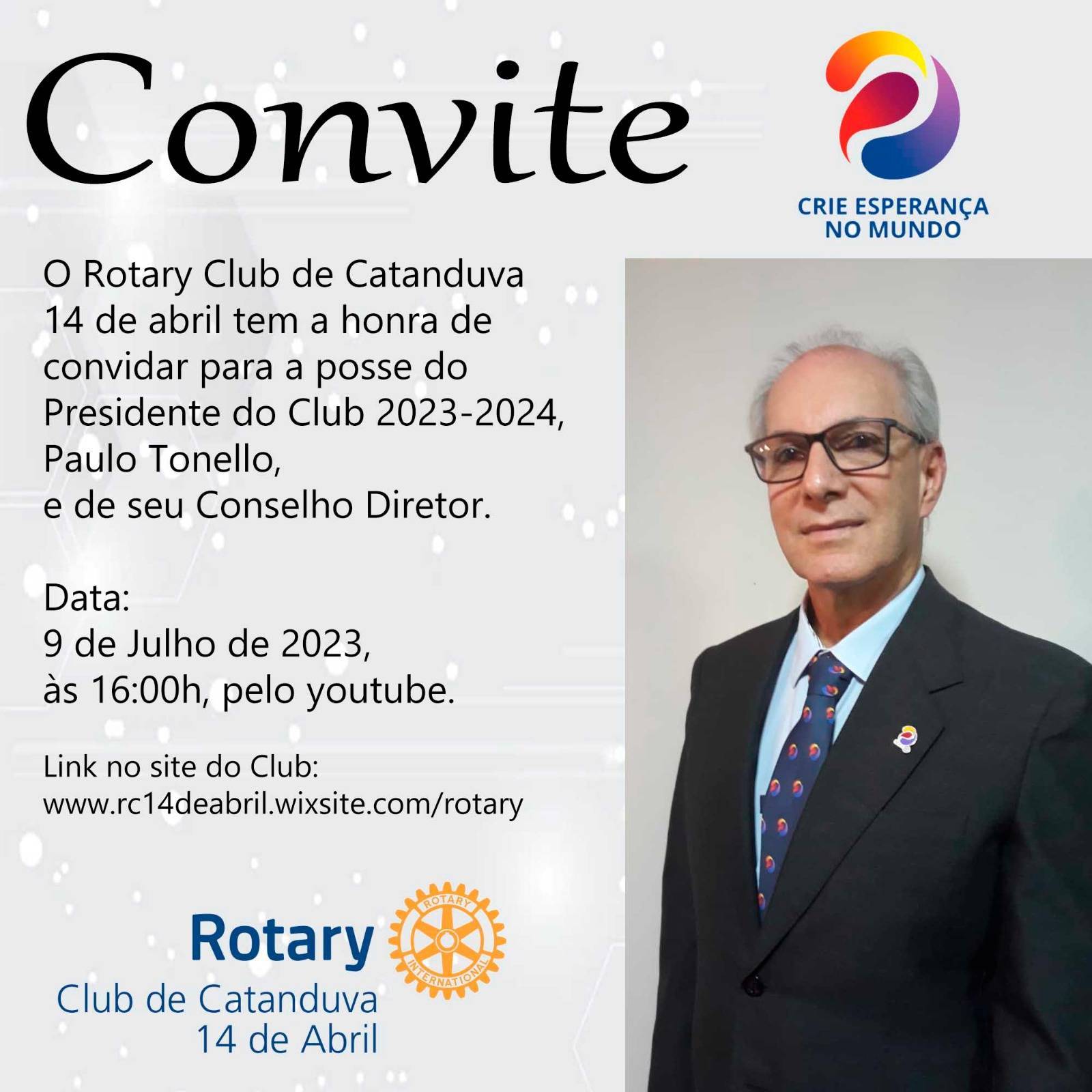 Convite do Rotary Club de Catanduva 14 de Abril para Posse de Presidente e Conselho Diretivo 2023-24