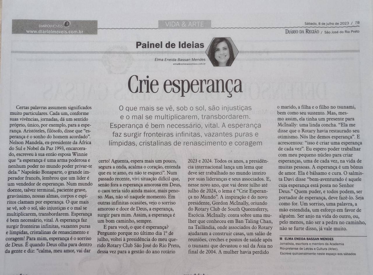 Matéria abondando lema Rotário no Rotary Club de SJRP.