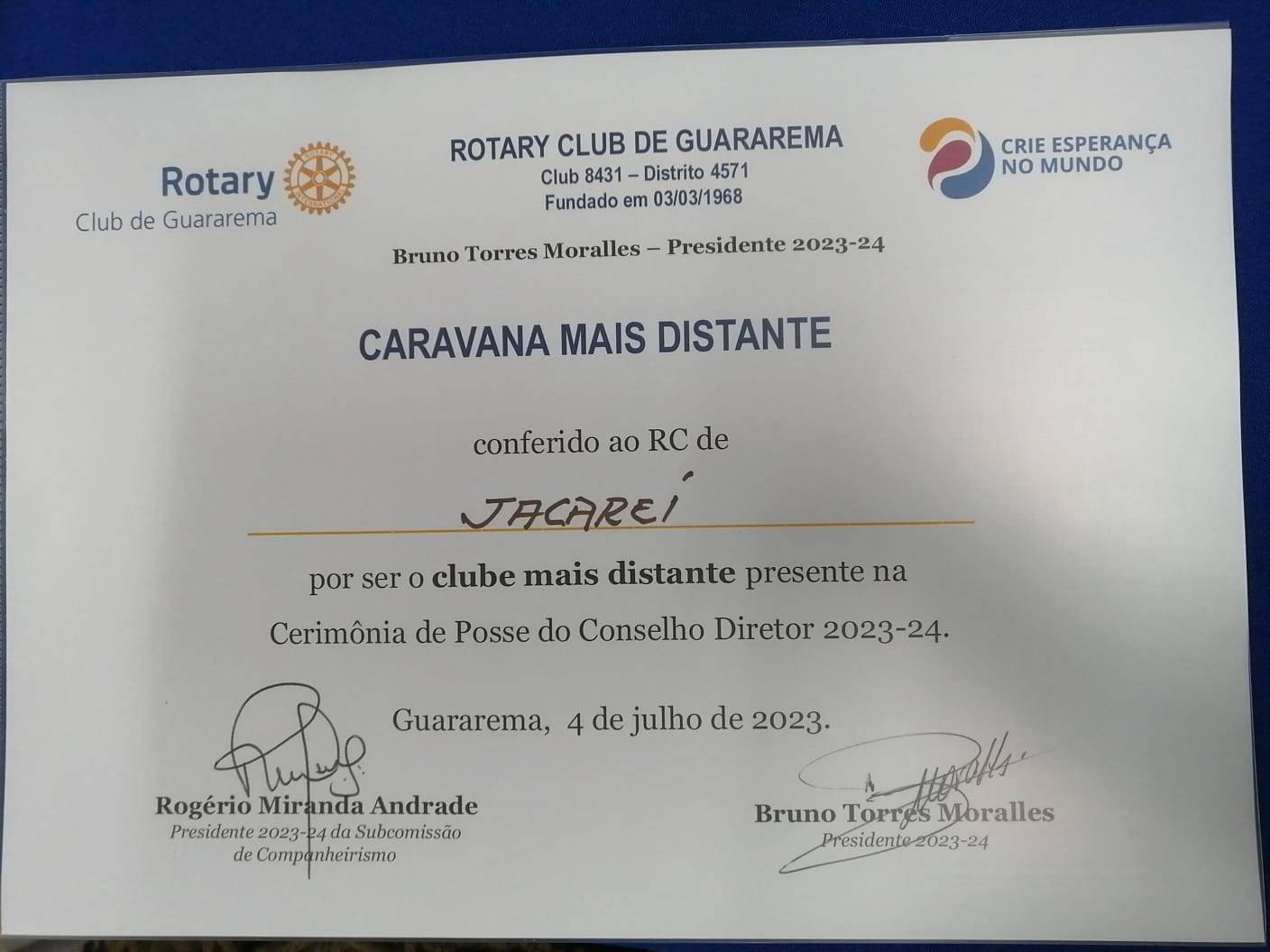 Presença na Transmissão de Posse 2023-24 do Rotary Club de Guararema