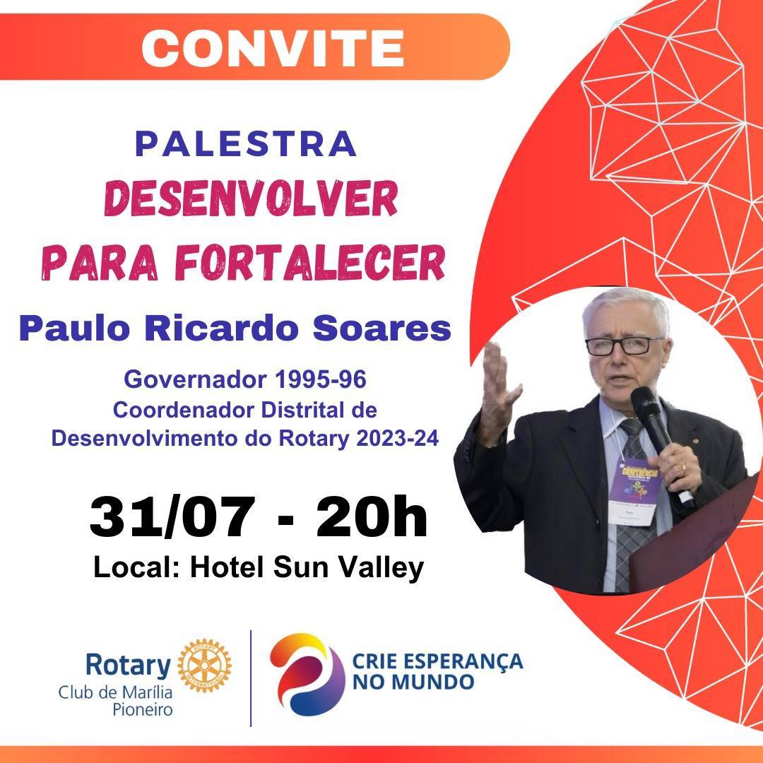 Palestra "Desenvolver para Fortalecer" ministrada pelo Governador 1995-96 e Coordenador de Desenvolvimento de Rotary 2023-24, Paulo Ricardo Soares