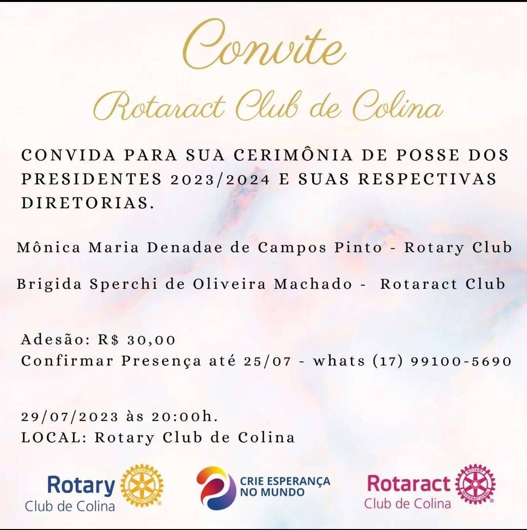 Convite super especial para cerimonia de posse no Rotaract Club de Colina