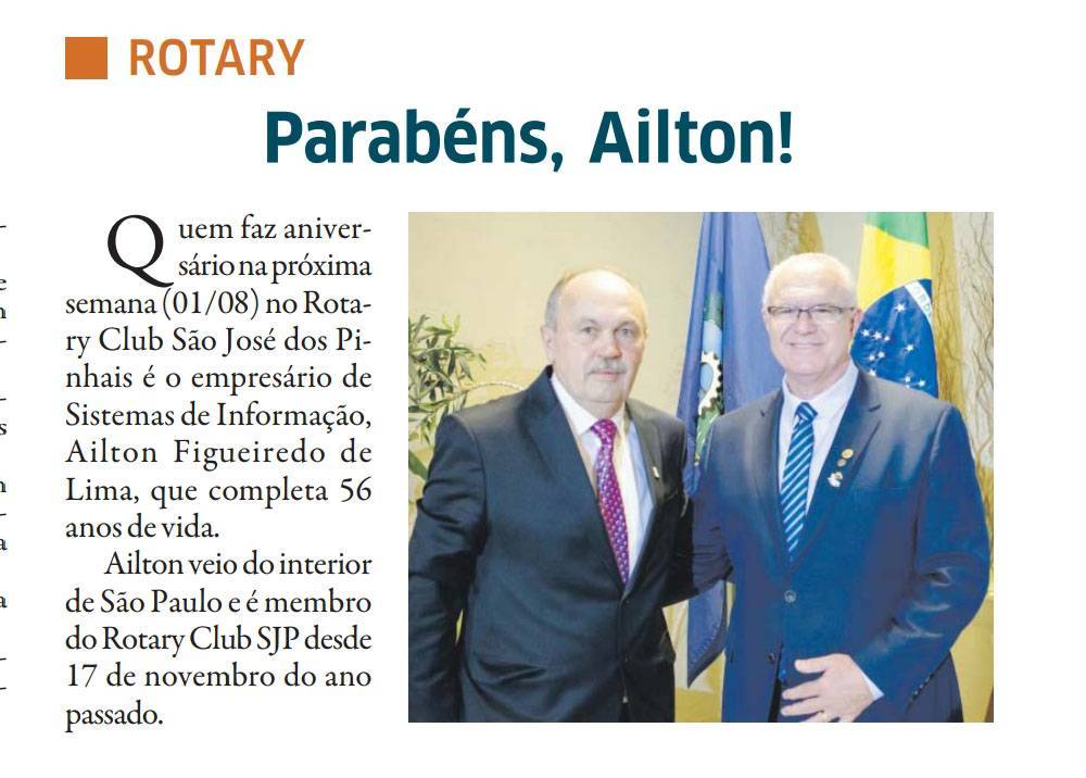 O presidente do Rotary Club SJP, Miguel de Paula ao lado do companheiro e aniversariante Ailton Figueiredo 