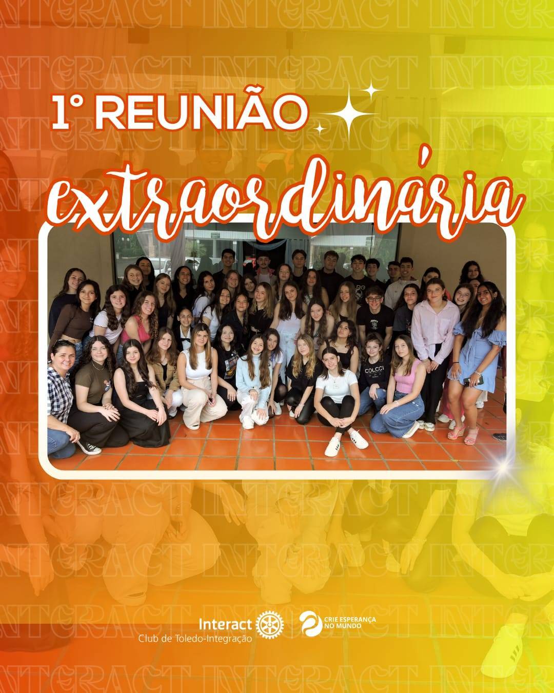 1° Reunião Extraordinária da gestão 2023-24!   No dia 02 de setembro de 2023 tivemos a nossa primeira reunião extraordinária do Interact Club de Toledo Integração, a festiva de competição de bolos!   Os Interactianos se reuniram em grupos, para juntos fazerem bolos  criativos e deliciosos (e novas amizades também ;) que seriam julgados por nossos jurados.  Um dia de muita amizade e união, parabéns aos vencedores e a todos os grupos que se dedicaram e fizeram apresentações maravilhosas! 🪩  Além disso, tivemos a posse dos novos associados, que receberam seu pin de associado, realizaram o juramento interactiano e também a tradição do clube de beijar o sino!  Agradecemos a presença de todos os companheiros, convidados e visitantes, que possibilitaram esse dia incrível! 1° Reunião Extraordinária da gestão 2023-24!   No dia 02 de setembro de 2023 tivemos a nossa primeira reunião extraordinária do Interact Club de Toledo Integração, a festiva de competição de bolos!   Os Interactianos se reuniram em grupos, para juntos fazerem bolos  criativos e deliciosos (e novas amizades também ;) que seriam julgados por nossos jurados.  Um dia de muita amizade e união, parabéns aos vencedores e a todos os grupos que se dedicaram e fizeram apresentações maravilhosas!   Além disso, tivemos a posse dos novos associados, que receberam seu pin de associado, realizaram o juramento interactiano e também a tradição do clube de beijar o sino!  Agradecemos a presença de todos os companheiros, convidados e visitantes, que possibilitaram esse dia incrível!