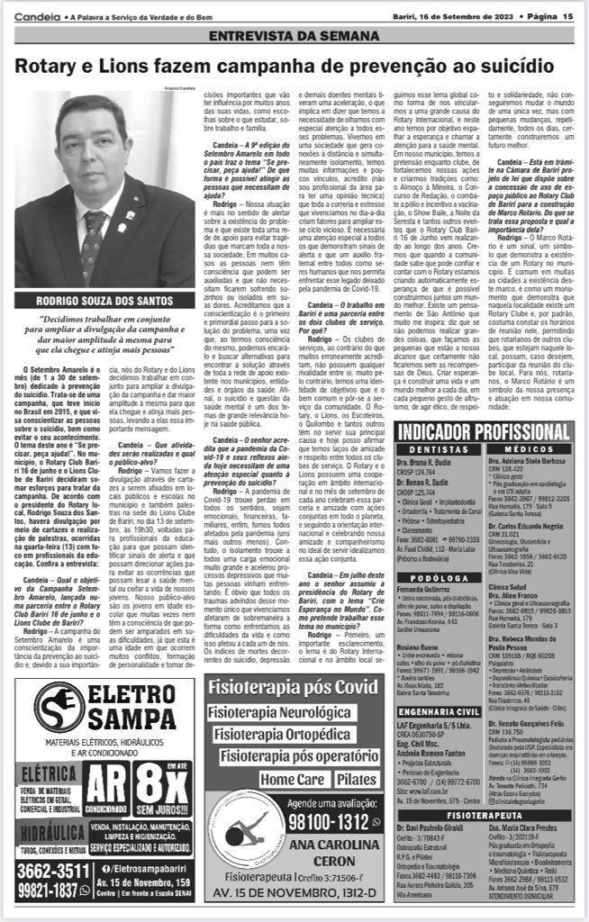 Rotary e Lions Juntos pelo Setembro Amarelo em Bariri