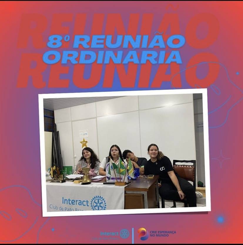 Dia 05 de setembro, terça-feira de 2023, aconteceu a nossa oitava reunião ordinária do @icpatobranco  Tivemos uma associação da nossa querida interactiana. . . . . . . . . . . . . . #paratodosverem A arte é composta por tons diferentes de azul claro e vermelho no fundo, em cima da imagem temos escrito “8ª REUNIÃO ORDINÁRIA” na cor azul, atrás dessa escrita temos uma sobra na cor vermelho claro escrito Reunião Reunião. Ao centro da arte temos a foto da mesa diretiva do clube, em baixo da imagem se encontra o logo do nosso @icpatobranco e ao lado o logo da gestão Crie Esperança No Mundo.