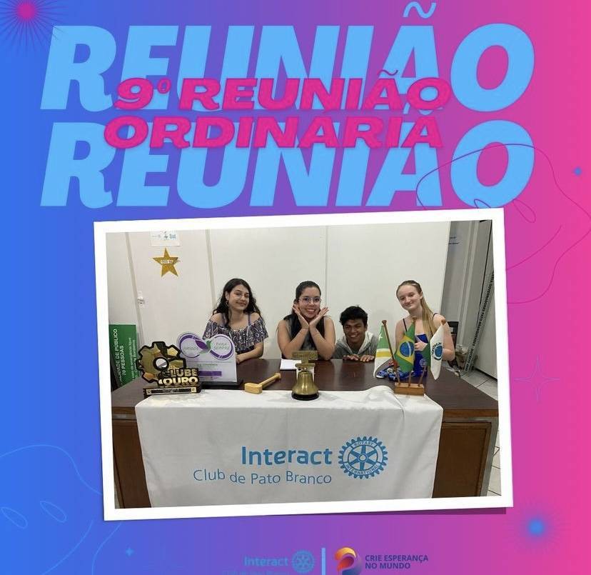 Hoje Dia 12 de setembro terça-feira de 2023, aconteceu a nona Reunião Ordinária. Tivemos nosso primeiro concurso de oratória da gestão 2023/24, com a participação dos nossos queridos interactianos, @izadorarufato @luisr.cortezt e @isabela.lorenset que arrasaram em suas falas. . . . . . . . . . . #paratodosverem A arte é composta por tons diferentes de azul claro e rosa no fundo, em cima da imagem temos escrito “9ª REUNIÃO ORDINÁRIA” na cor rosa, atrás dessa escrita temos uma sobra na cor azul claro escrito Reunião Reunião. Ao centro da arte temos a foto da mesa diretiva do clube, em baixo da imagem se encontra o logo do nosso @icpatobranco e ao lado o logo da gestão Crie Esperança No Mundo.