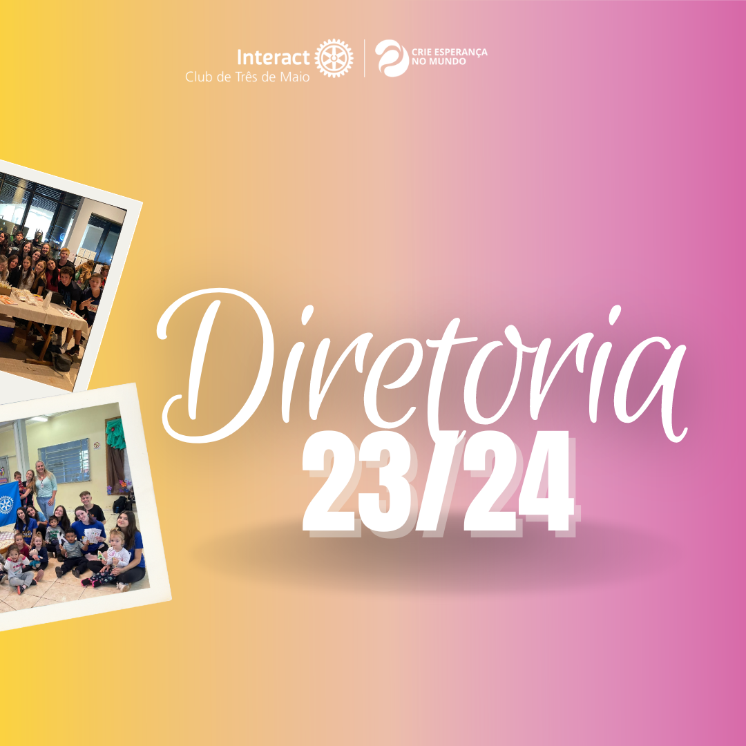Apresentamos com muito orgulho a diretoria do Interact Club de Três de Maio para a gestão 2023/2024, sob o lema “Crie Esperança no Mundo”! Desafiamos nossa Nova Diretoria a responder a pergunta: "Como o Interact de Três de Maio pode criar esperança no mundo?", e foram essas as respostas. Muito sucesso a essa nova gestão, temos certeza que será incrível💙💛 • • • #distrito4660 #interact #ictmcriandoesperança  #paratodosverem - A publicação possui degradês em tons de amarelo, rosa, roxo e azul. O texto "Diretoria 23/24" está escrito no centro na cor branca. Acima do texto está o logo do Interact, junto com o lema rotário "Crie Esperança no Mundo". Em seguida, o nome de cada cargo e uma foto do associado do respectivo cargo estão distribuídos nos demais posts que se seguem.