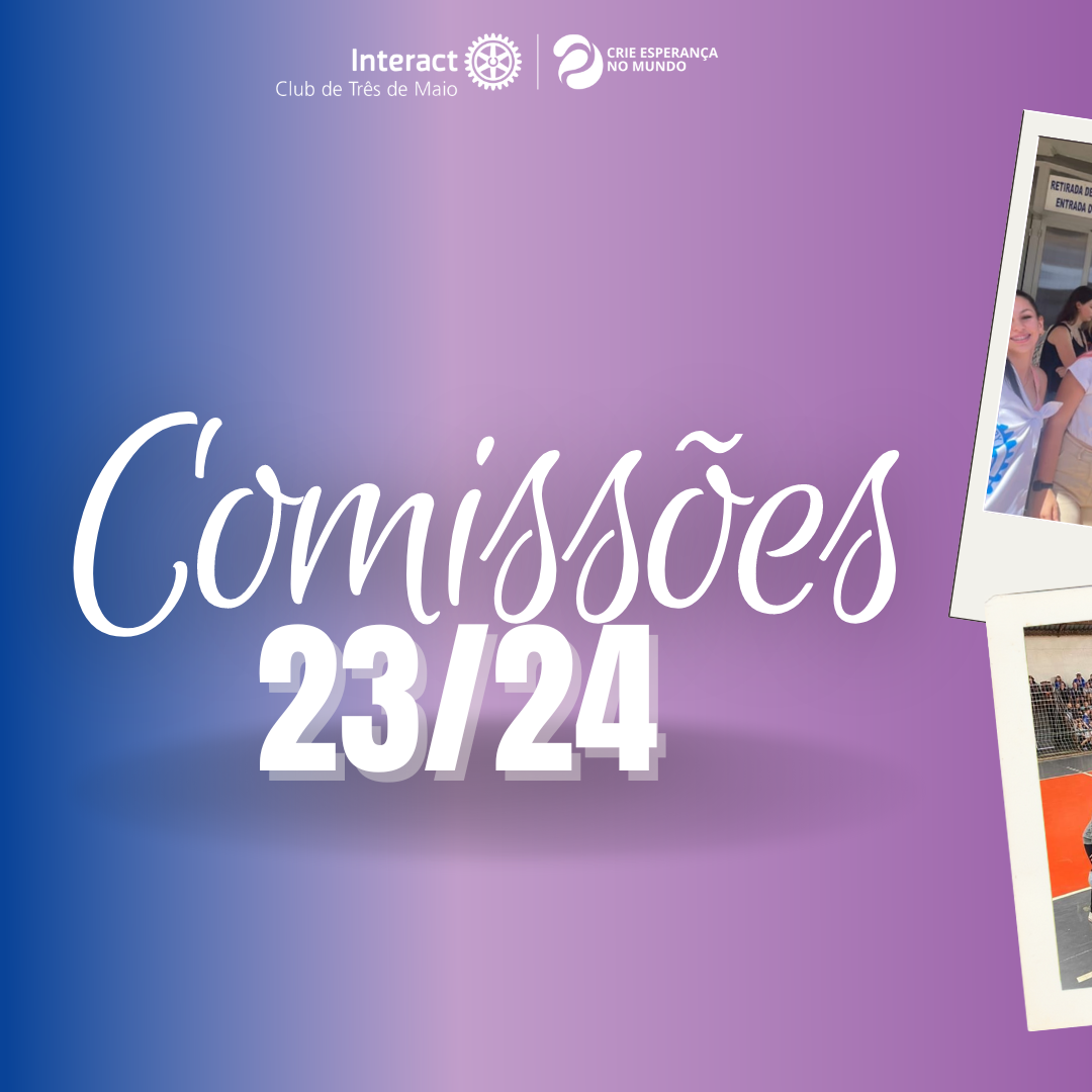 É com muita alegria que apresentamos os Diretores de Comissões do Interact Club de Três de Maio para a gestão 2023/2024, sob o lema “Crie Esperança no Mundo”! Será uma gestão de muito trabalho e com certeza muitas realizações!!!💛💙  #distrito4660 #interactbrasil #ictmcriandoesperança  #paratodosverem A publicação possui degradês em tons de amarelo, rosa, roxo e azul. O texto "Comissões 23/24" está escrito no centro na cor branca. Acima do texto está o logo do Interact, junto com o lema rotário "Crie Esperança no Mundo". Em seguida, o nome de cada cargo e uma foto do associado do respectivo cargo estão distribuídos nos demais posts que se seguem.