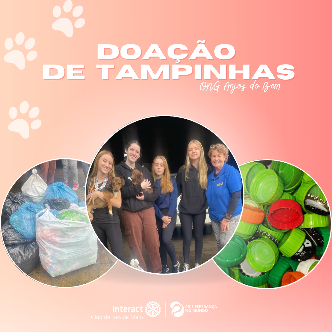 Na terça-feira (11/07) o Interact Club de Três de Maio realizou a entrega de tampinhas para a ONG Anjos do Bem, as quais foram arrecadadas durante o projeto Distrital de Meio Ambiente da gestão passada, 22/23. Na ocasião foram entregues 78kg de tampinhas arrecadadas pelo Clube de Três de Maio + 10kg arrecadados pelo @ic_independencia, obrigada pela parceria!  #interactbrasil #interact4660 #ictmcriandoesperança  #paratodosverem O fundo da postagem possui fundo degradê em tons de rosa. A escrita "Doação de tampinhas" está no centro superior na cor branca, e abaixo está o nome da ong beneficiada "ONG Anjos do Bem". No centro estão fotos do momento da entrega, e o logo Interact TM juntamente com o lema dessa gestão estão no centro inferior, na cor branca.