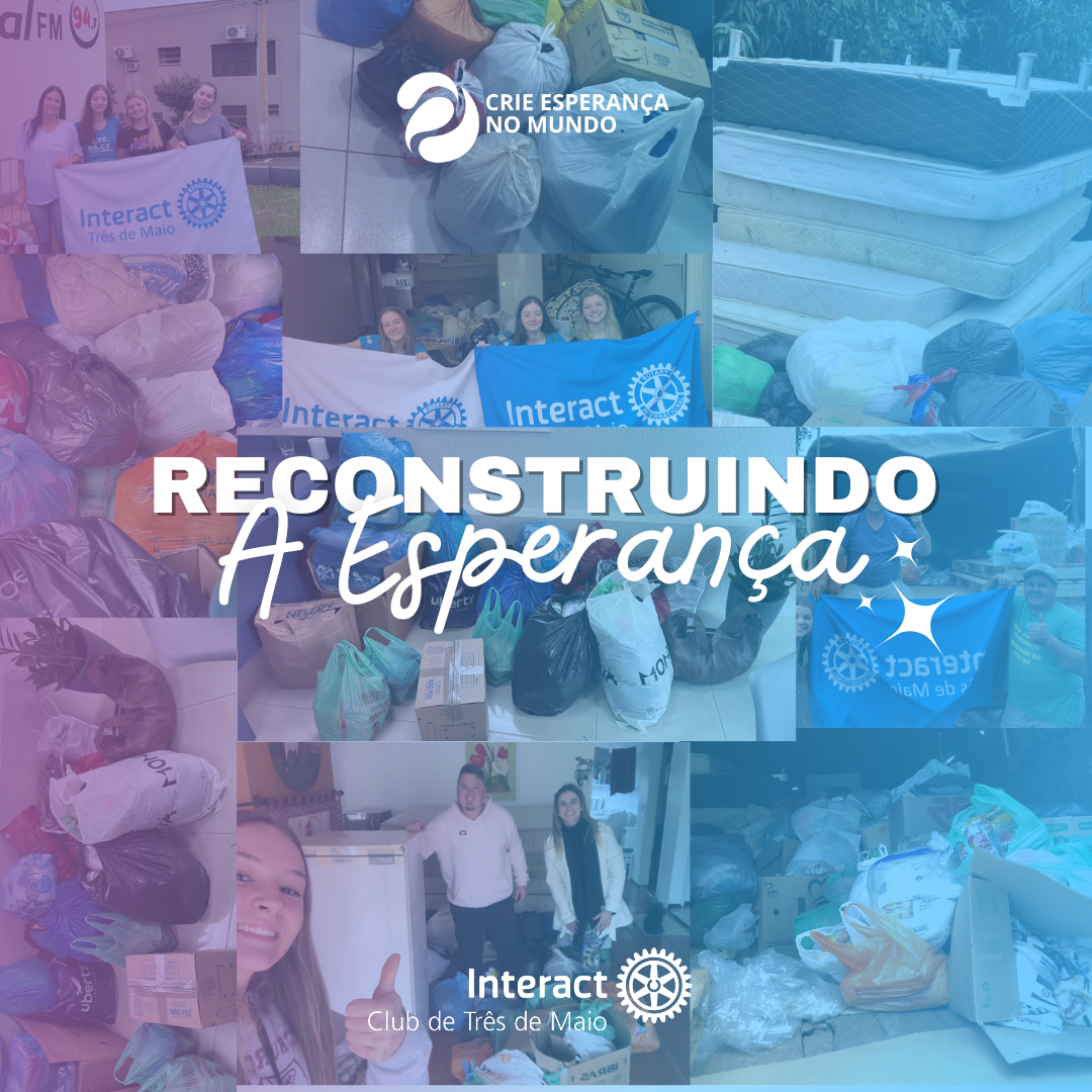 No dia 20 de julho, o Interact Club de Três de Maio recolheu as arrecadações dos pontos de coleta e comunidades vizinhas, sendo elas Consolata e Bela Vista, que apoiaram a causa e arrecadaram materiais, como: agasalhos, roupas de cama, eletrodomésticos, colchões, cobertores, alimentos e produtos de higiene e limpeza. Gostaríamos de parabenizar o engajamento dos pais dos associados e todos aqueles que contribuíram com a causa, em especial Agropecuária Tradição que recolheu os materiais, @radiocolonial por divulgar nosso projeto e juntar muitas doações, e @sicredinoroestersmg por conceder seu espaço para coleta. O @rotaract_tm em parceria com o nosso clube, também auxiliou, agradecemos a disposição de sempre! O projeto foi realizado com o apoio da Família Rotária que também doou materiais de construção e valor em dinheiro para as cidades afetadas pelos temporais. Agradecemos imensamente a empresa de insumos @agrenagronegocio de Três de Maio por disponibilizar gratuitamente o transporte até os locais necessitados, nos colocamos à disposição quando precisarem! O lema da gestão 23/24, “Crie esperança no mundo”, é tão atual e expressa a importância de ser otimista e manter a vivacidade em tempos de crise. Neste momento tão delicado enfrentado pela população gaúcha, é preciso fazer a nossa parte e ajudar as famílias a seguir em frente, para que assim, possam se fortalecer e se reestruturar perante as adversidades da vida. Transmitimos não apenas doações, mas também nossa solidariedade para continuarem fortes e não perderem a esperança.  #paratodosverem A postagem possui de fundo fotos das doações arrecadadas, juntamente com um degrade nas cores azul e roxo. A escrita " Reconstruindo a esperança" está no centro, na cor branca. O logo do lema rotário 23/24 está no centro superior, em branco, e o logo do Interact de Três de Maio está no centro inferior, também na cor branca.  #interactbrasil #distrito4660 #ictmcriandoesperança