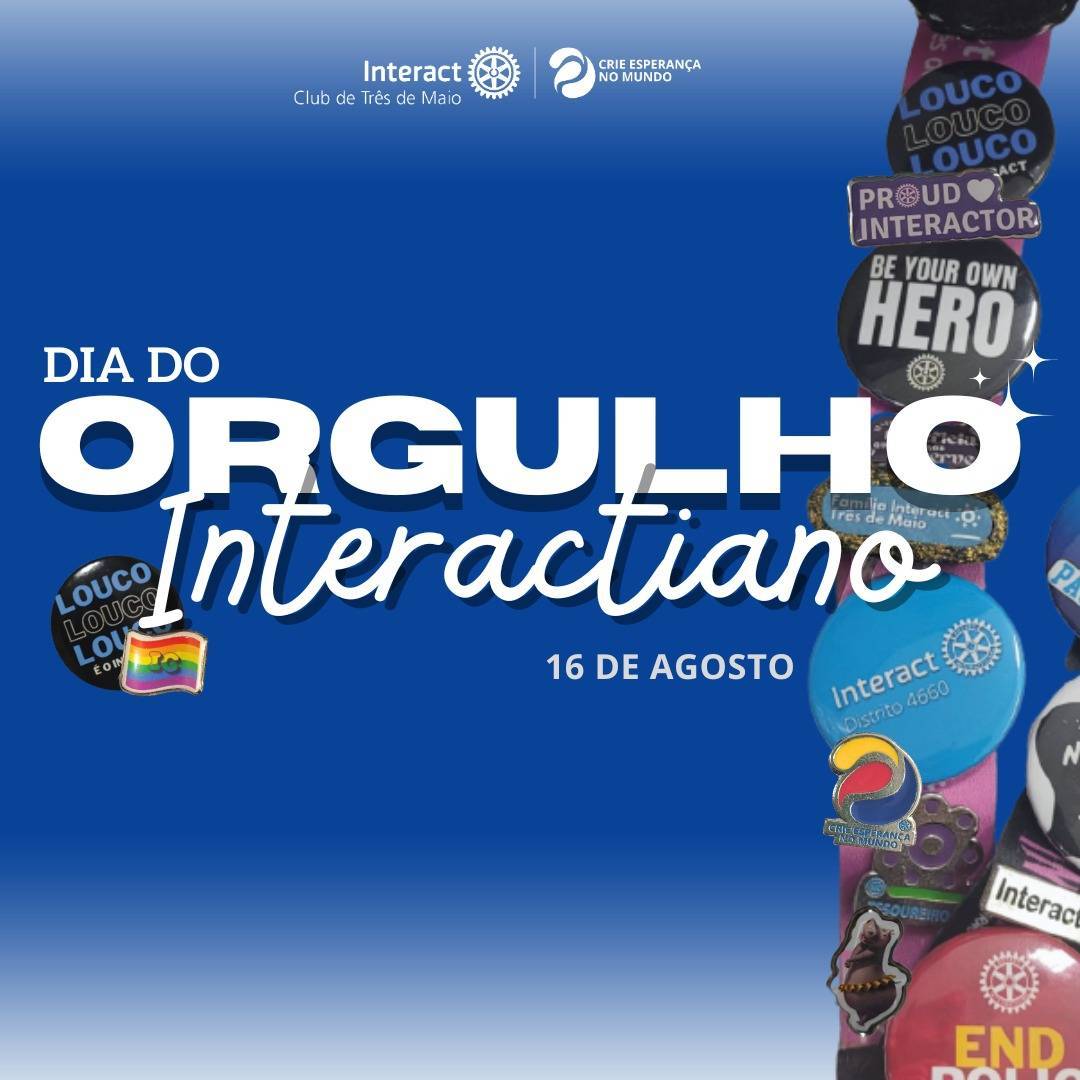 Hoje, 16/08, é comemorado o dia do Orgulho Interactiano, nos fazendo relembrar nosso propósito de servir e ajudar vidas. Hoje no mundo, somos quase 350.000 mil jovens fazendo a diferença, criando laços de amizade, desenvolvendo habilidades de liderança e principalmente ajudando pessoas por meio de ações que impactam aqueles que precisam. Interact se torna uma segunda família a todos aqueles que se dispõe a fazer parte dela, pois unidos temos o poder de, cada vez mais, criar esperança no mundo💙🤍💛  Feliz dia companheiros 🥳✨💙  #interact4660 #interact #ictmcriandoesperança  #paratodosverem A postagem possui fundo azul escuro, o logo do Interact Clube de Três de Maio, assim como o lema 23/24 estão no centro superior, na cor branca. A escrita " Dia do Orgulho Interactiano, 16 de agosto" está no centro, também na cor branca. A postagem também possui imagens de pins, bottons e o tirante, elementos característicos do Interact.