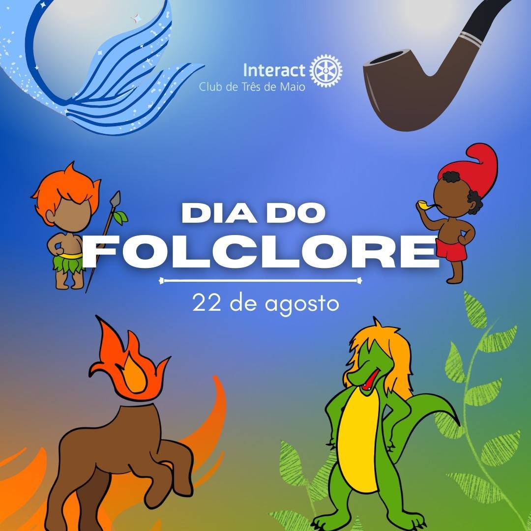 Hoje, 22 de agosto, é comemorado o Dia do Folclore, onde relembramos a beleza da nossa cultura e valorizamos cada vez mais nossas raízes.  🌿✨🤍🌏  "O maior patrimônio histórico que um povo poderia ter :Cultura"  #interact4660 #interactbrasil #ictmcriandoesperança  #paratodosverem A postagem possui fundo degradê nas cores verde, laranja, roxo e azul. No centro está a escrita " Dia do Folclore, 22 de agosto" na cor branca. O logo do Interact Club de Três de Maio se encontra no centro superior, também em branco. O post também possui elementos na cultura folclórica brasileira, como a cuca, o saci e o cachimbo.