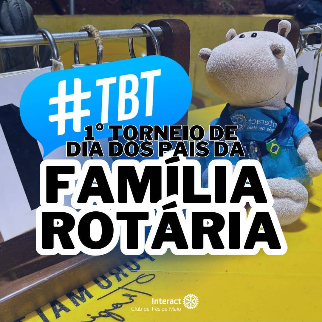 No domingo, dia 27 de agosto, ocorreu o 1⁰ Torneio de Dia dos pais da Família Rotária, promovido pelo Interact clube de Três de Maio. O torneio contou com a participação de associados/as do @rotaract_tm, @casadaamizade_tm_oficial, @rotaryclub_tm e Interact. O grande intuito do nosso clube foi promover a integração da família Rotária tresmaience, tarefa muito bem sucedida em uma tarde de jogos e aprendizados💙✨  Muito obrigado a todos pelo envolvimento, esperamos mais eventos como este para sempre manter nossa família unida!  #interact4660 #interactbrasil #ictmcriandoesperança  #paratodosverem A postagem possui como fundo uma foto da nossa mascote, Glória, no dia do torneiro. A escrita " 1⁰ Torneio de Dia dos Pais da Família Rotária" está no centro, na cor preta. O post também possui um elemento gráfico com a #tbt nas cores branca e azul. O logo do Interact TM se encontra no centro inferior, na cor branca. As demais fotos que se seguem foram tiradas no dia do torneio, de todas as modalidades envolvidas.