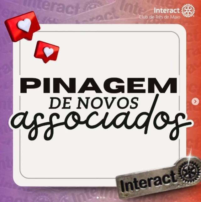 • No dia 9 ocorreu a pinagem dos associados @eduardo_baiotto e @felipe.r.g.dalben durante a realização da 10ª reunião ordinária.  💛Bem vindos! Somos muito gratos a vocês por servirem e se compremeterem com o clube!  #ictmcriandoesperança #interactclub  #paratodosverem A postagem possui fundo degradê nas cores vermelha e roxa. A escrita "Pinagem de novos Associados" está na cor preta, no centro do post. O logo do Interact Três de Maio está no canto superior direito, na cor branca. A postagem também possui elementos gráficos, como likes e o pin de associado do Interact.