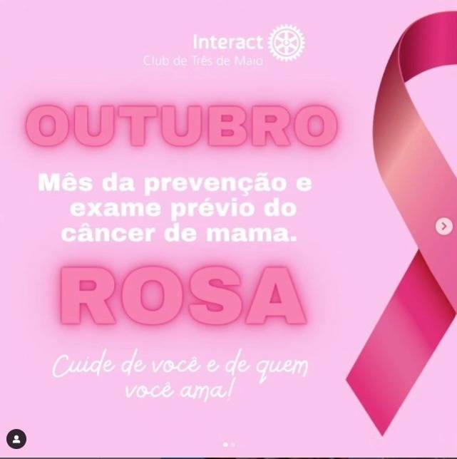 •O Outubro Rosa é movimento internacional de conscientização para a detecção precoce do câncer de mama. •Em 1990, o laço cor-de-rosa foi lançado pela Fundação Susan G. Komen for the Cure, como símbolo da prevenção ao câncer de mama.  •O objetivo do Outubro Rosa é divulgar informações sobre o câncer de mama e fortalecer as recomendações do Ministério da Saúde para prevenção, diagnóstico precoce e rastreamento da doença. Para saber mais informações sobre, pode-se consultar o site oficial do Instituto Nacional de Câncer - INCA.  ❔ Mas como é possível prevenir um câncer de mama? Ter uma alimentação saudável e equilibrada (com frutas, legumes e verduras), praticar atividades físicas e não fumar. Sendo assim, cuidar da saúde é primordial para evitar doenças e proporcionar qualidade de vida.  💗✨  #ictmcriandoesperança #interactclub #interact  #paratodosverem - A primeira imagem apresenta um fundo cor-de-rosa com um laço no lado direito, e a logo do Interact no centro superior na cor branca. Logo abaixo a escrita “Outubro Rosa” em destaque, juntamente com frases em branco. Na segunda imagem, segue o fundo cor-de-rosa, e o laço no lado esquerdo. No centro superior o título “Sinais de Alerta” com destaque e abaixo os mesmos escritos na cor rosa.