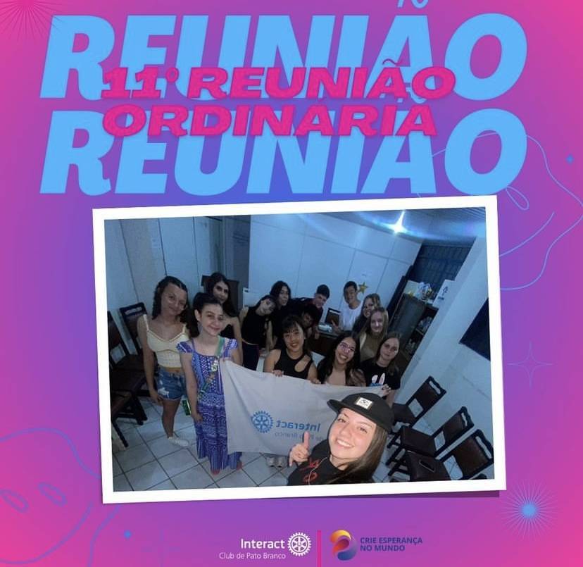 Dia 26 de setembro de 2023, aconteceu a nossa décima primeira reunião ordinária do @icpatobranco   . . . . . . . . . . . . . #paratodosverem A arte é composta por tons diferentes de azul claro e rosa no fundo, em cima da imagem temos escrito “11ª REUNIÃO ORDINÁRIA” na cor rosa, logo atrás dessa escrita temos uma sobra na cor azul claro escrito Reunião Reunião. Ao centro da arte temos a foto dos interactianos do clube, em baixo da imagem se encontra o logo do nosso @icpatobranco e ao lado o logo da gestão Crie Esperança No Mundo.