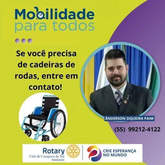 O Companheiro Ânderson Siqueira Paim fica habilitado e responsável pela aquisição e doação de cadeiras de rodas, para Caçapava do Sul e região através do Projeto Mobilidade para Todos.