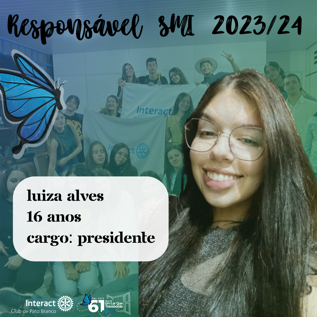 E com muito orgulho que viemos anunciar a nossa querida presidente Luiza responsável pela SMI 2023/24 😊👏🏻 . . . . . . . . . . . . . . . . #paratodosverem A arte é composta por tons verde e azul ao fundo, é um sombreado de uma foto dos nossos interactianos ao lado direito da imagem se encontra uma foto da nossa presidente Luiza e também a responsável pela SMI, em cima da foto temos escrito na cor preta “RESPONSÁVEL SMI 2023/24” ao lado esquerdo temos um elemento de borboleta, em baixo desse elemento temos um quadrinho branco com informações da nossa responsável SMI. Em baixo dessa imagem ao lado esquerdo temos o logo do @icpatobranco e o logo do SMI.