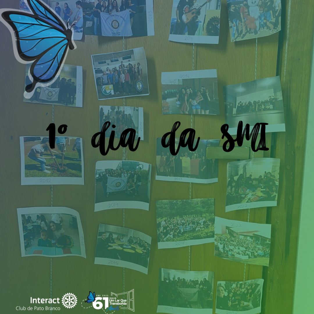 Para o primeiro dia da Semana Mundial do Interact com o tema “O Rotary Conecta o Mundo” os Interactianos fizeram um varal com vários momentos vividos pelo Interact Club Pato Branco, momentos que ficaram na história do clube. O Interact Club Pato Branco foi fundado no dia 13/10/1994 e desde então vem proporcionando momentos inesquecíveis e acima de tudo, colocando em prática a Prova Quádrupla.  Esse Varal ficará exposto na FURP, local das reuniões, para que todos os associados possam conhecer um pouco dos momentos que o Clube já viveu” . . . . . . . . . . . . . . #paratodosverem A arte é composta por tons verde e azul, ao fundo temos a imagem do nosso projeto com um tom de sombreado, em cima da imagem se encontra o elemento de uma borboleta e ao centro temos escrito na cor preta “1 DIA DA SMI”. Em baixo dessa imagem ao lado esquerdo temos o logo do @icpatobranco e o logo do SMI.