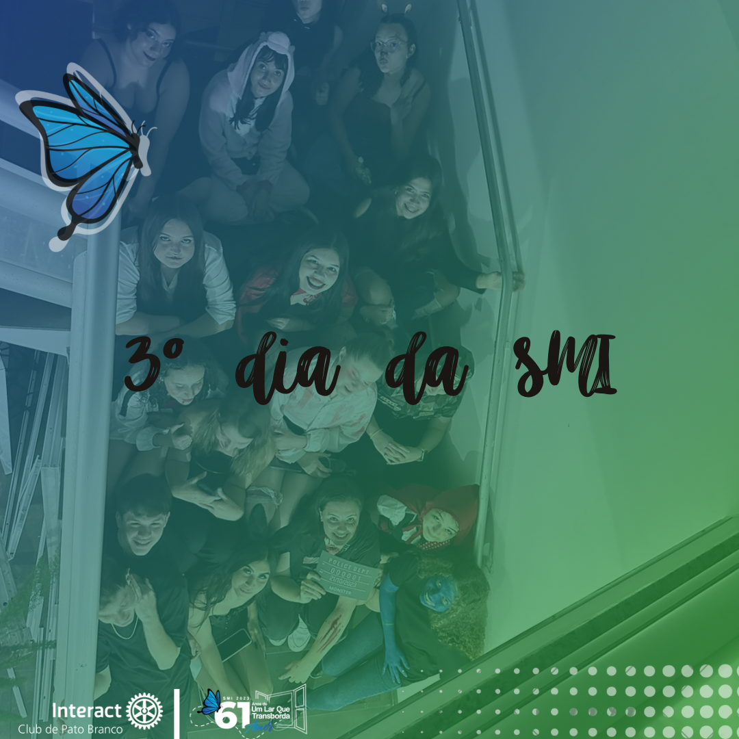 Para o terceiro dia da semana mundial do Interact da SMI, com o tema O Futuro do Rotary está em suas mãos🤗, nossos interactianos realizaram um projeto de uma reunião extraordinária temática, com o tema de Halloween, além de pedir doces pela vizinhança… 👻🎃 . . . . . . . . . . . . . #paratodosverem A arte é composta por tons de verde e azul, como imagem de fundo temos a foto dos nossos interactianos, em cima dessa imagem ao lado esquerdo temos o elemento da borboleta e no centro da imagem se encontra escrito na cor presta “3 dia da SMI” e em baixo da imagem temos o logo do @icpatobranco e o logo da SMI. #umlarquetransbordaamor