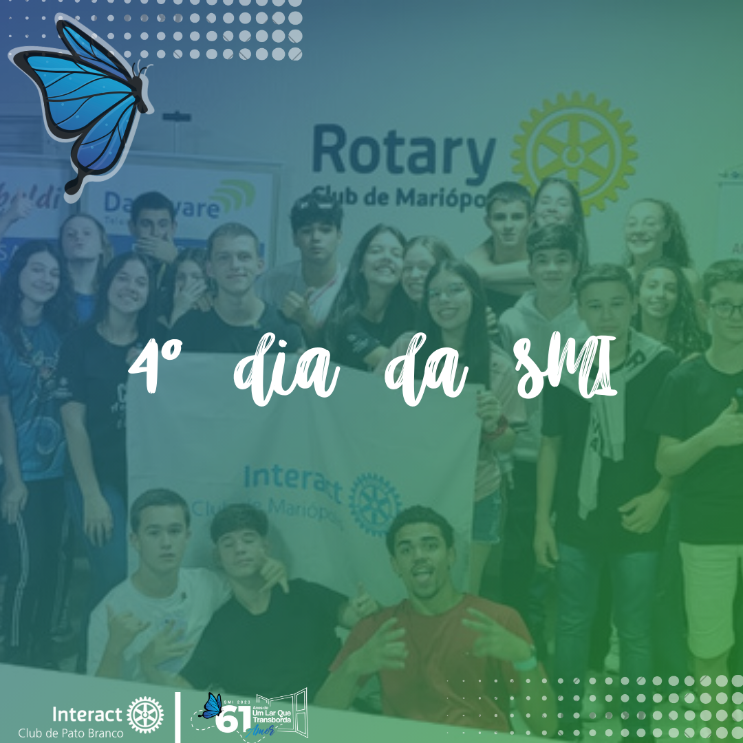 Para o quarto dia da semana mundial do Interact da SMI, com o lema “Construa Pontes de Amizade” (1959) (60)… Nosso interact pato branco foi até a cidade de Mariopolis para realização de uma reunião conjunta com o club de @interactmariopolis foi uma noite maravilhosa e um momento de muita diversão com dinâmicas e brincadeiras e até mesmo pizzaaaaaaa🤩🍕 Boas amizades devem ser conservadas afinal, somos unidos pelos mesmos objetivos, transformar vidas e transbordar amor por todos aqueles que cruzam os nossos caminhos. Assim, é importante que os interactianos e outros clubes criem laços. . . . . . . . . . . . . #paratodosverem A arte é composta por tons de verde e azul, como imagem de fundo temos a foto dos nossos interactianos e também os interactianos do clube de @interactmariopolis , em cima dessa imagem ao lado esquerdo temos o elemento da borboleta e no centro da imagem se encontra escrito na cor branca“4 dia da SMI” e em baixo da imagem temos o logo do @icpatobranco e o logo da SMI. #umlarquetransbordaamor