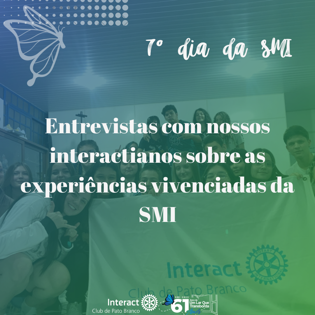 E para encerrar o nosso sétimo e último dia da semana mundial do interact SMI, com o lema “Você É a Chave”(1985-86)  Foi feito uma entrevista de experiências vividas ao longo da realização da 61º SMI, com nossos interactianos que participaram dos projetos realizados essa semana, todos deram sua opinião sobre o projeto que mais gostaram 🤗 . . . . . . . . . #paratodosverem A arte é composta por tons de azul e verde e um sobrado na imagem dos nossos interactianos, ao centro temos escrito “ENTREVISTAS COM NOSSOS INTERACTIANOS SOBRE AS EXPERIÊNCIAS VIVENCIADAS DA SMI”, em cima do lado esquerdo temos um elemento de uma borboleta e do lado direto escrito “7 dia da SMI”, e por fim em baixo da arte temos o logo do @icpatobrancosul e o logo da SMI.  #umlarquetransbordaamor