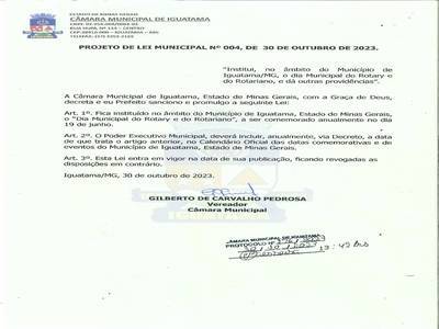 Lei Municipal Nº 004/2023 Institui o Dia Municipal do Rotary e do Rotariano" em Iguatama-MG