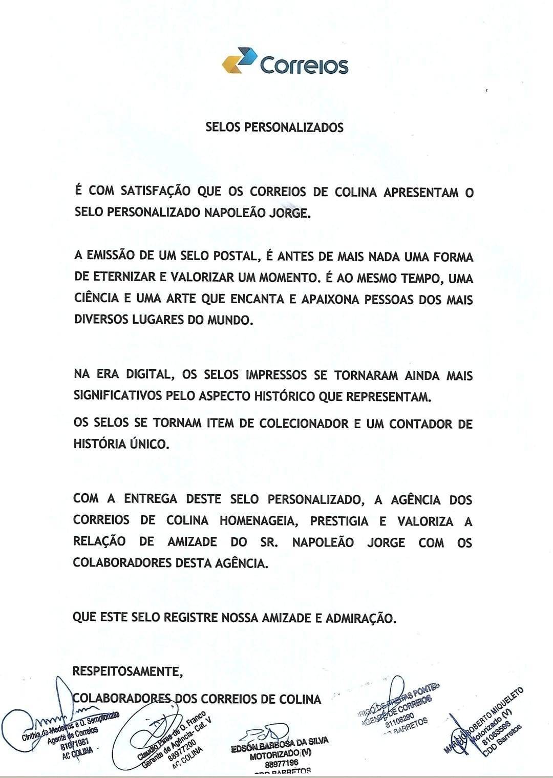 Homenagem dos Correios de Colina 