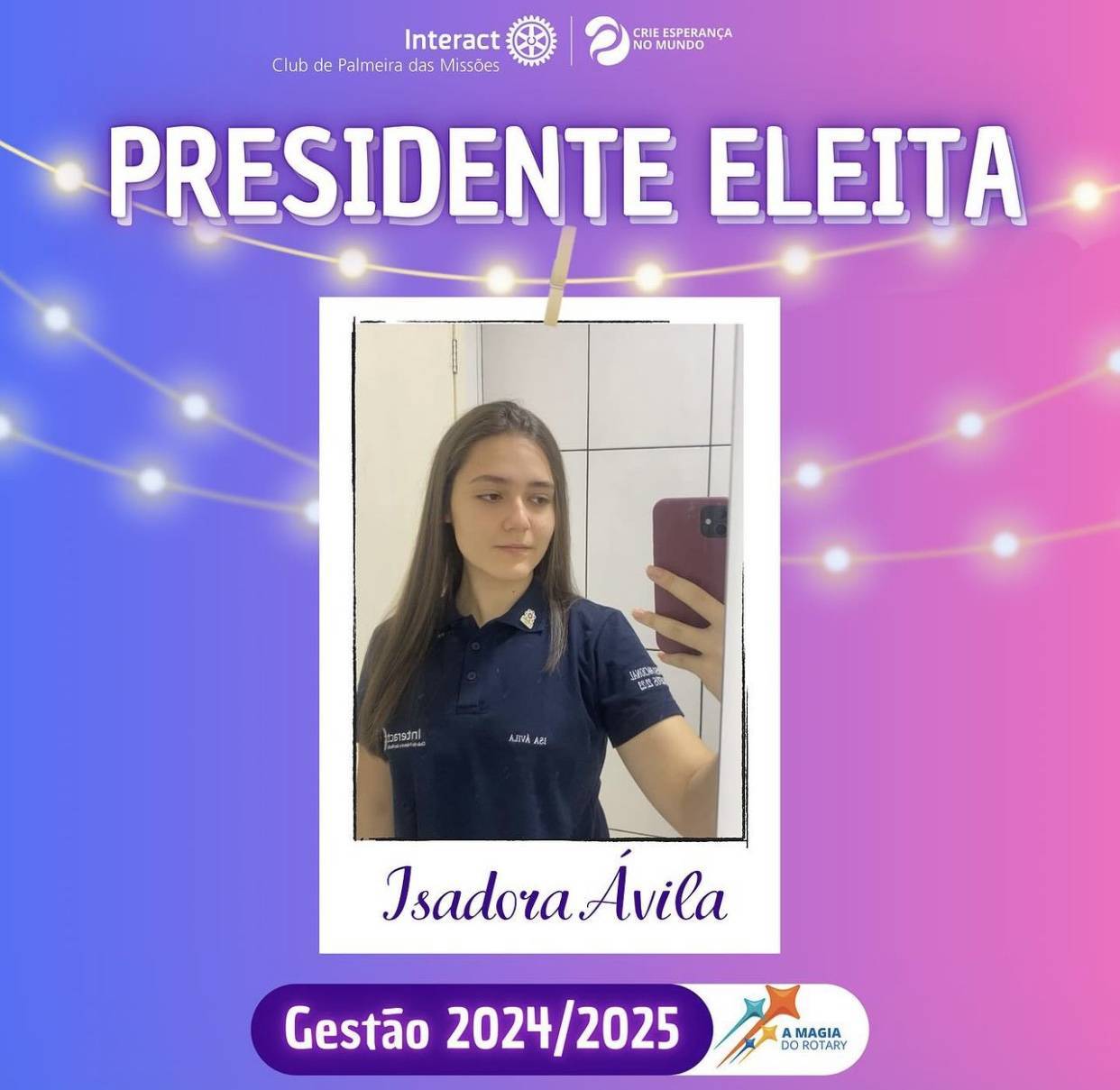 No dia 09 de de Dezembro de 2023, ocorreram as eleições para Presidente e Vice Presidente da Gestão 2024/25, na qual foram eleitas as companheiras Isadora Amaral Avila e Lauren Gabbi. Queremos parabenizar as vencedoras, desejar uma ótima gestão e que façam um lindo trabalho juntas! Que venha a gestão da magia ✨💜