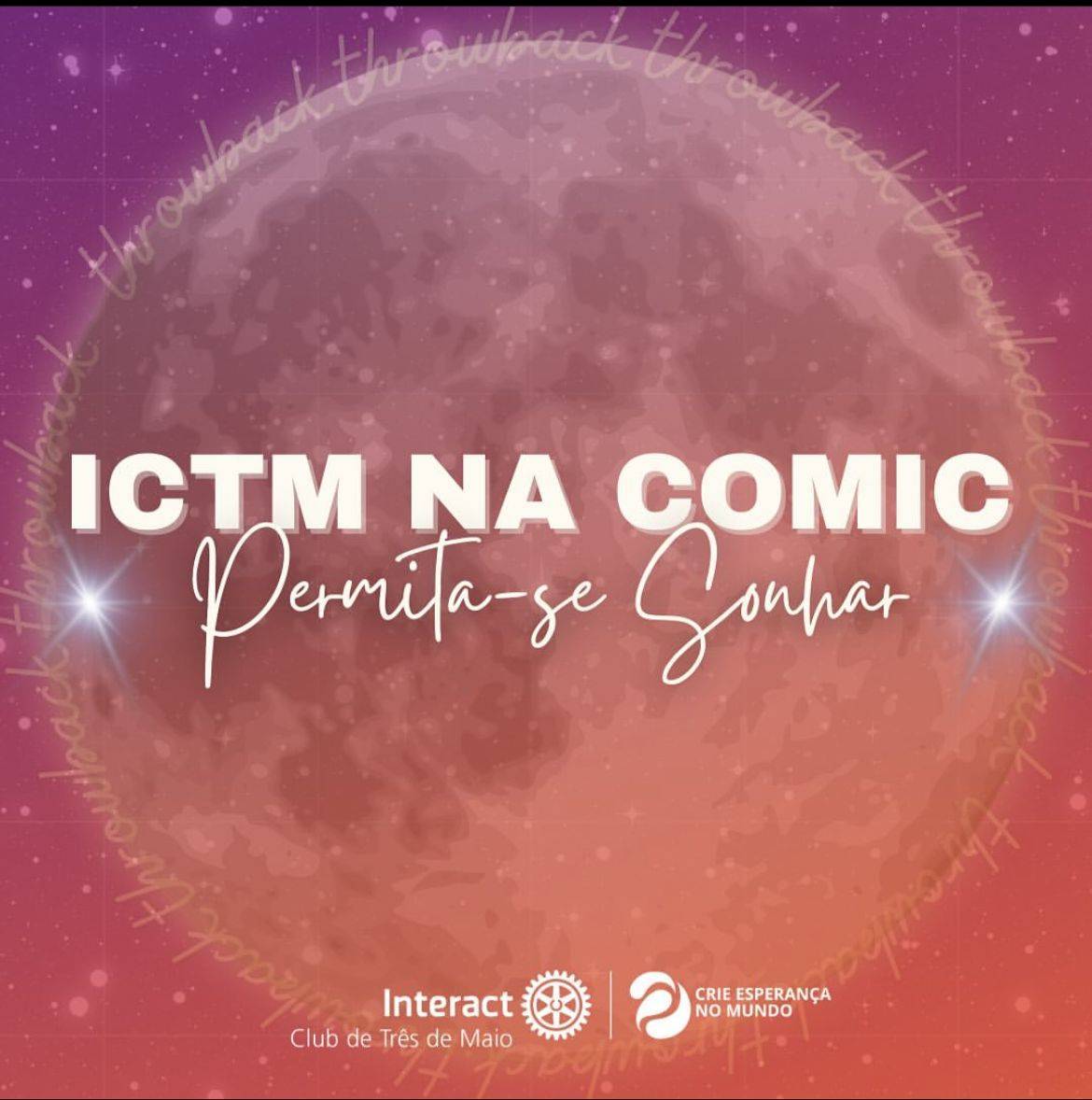 Nos dias 18 a 21 ocorreu a XXIIl Conferência Multidistrital de Interact Clubs, em homenagem a Murilo Cunha, na cidade de Uberaba - Minas Gerais. Em quatro dias, os sonhos da gestão da imaginação foram realizados💙💙  A representante do nosso clube no evento foi a presidente da Gestão 22/23, Luma Reinehr, que apresentou o projeto “+ Interact” no Concurso Nacional de Projetos na categoria “Serviços Internos”, conquistando o SEGUNDO LUGAR🎉  Vem conferir alguns momentos desse evento e o relato da companheira Luma!  #ictmcriandoesperança #interact #interact4660 #distrito4660 #comic   #pratodosverem o post apresenta fundo em degradê de roxo e laranja, com uma grande lua. Ao redor da lua lê-se “throwback” e centralizado está o texto “ICTM na COMIC Permita-se Sonhar”, todos em branco. Abaixo encontra-se a logo do Interact Club de Três de Maio e o lema da gestão 23/24 “Crie Esperança no Mundo”. Na segunda página “Momentos especiais” está escrito em branco no canto superior esquerdo, e três fotos estão espalhadas pela página. O fundo é o mesmo, porém sem a lua. Na terceira página, “Concurso Nacional de Projetos Gestão 22/23” está no topo escrito em branco. Ao lado, uma imagem de uma medalha de segundo lugar. No canto esquerdo está uma foto da companheira Luma com o troféu e o certificado do concurso. À direita localiza-se um bloco laranja com “+ Interact” escrito em branco nele. Abaixo lê-se “Segundo Lugar na categoria serviços internos em branco”. Na quarta e na quinta páginas, está o relato da companheira sobre sua experiência na COMIC, escrito em branco também.