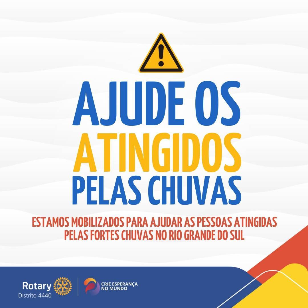 *Distrito 4440 apoia a Campanhas de Ajuda às Vítimas das Chuvas no Distrito 4680 e 4700  de Rotary Internacional! 🌟*  As chuvas têm trazido desafios significativos para diversas regiões, afetando especialmente as cidades do distrito 4680 e 4700 de Rotary Internacional.  *Distrito 4680* - Em resposta a essa situação, o Distrito 4680 está mobilizando esforços em uma campanha de arrecadação via PIX, com o objetivo de fornecer assistência às cidades conforme suas necessidades. Esta é uma iniciativa de solidariedade e apoio mútuo, com o intuito de aliviar os impactos das enchentes e garantir o bem-estar das comunidades afetadas. 🥹  🆘 Você pode fazer a sua contribuição para esta causa nobre através do *PIX CNPJ 53188741000104*, em nome do *Rotary Club de Venâncio Aires Novas Gerações*. Cada doação, por menor que seja, fará uma diferença significativa na vida daqueles que enfrentam as consequências dessas adversidades. 🆘  *Distrito 4700* -  Neste momento crucial, contamos com a sua solidariedade e apoio! Contribua com a campanha de arrecadação organizada pelo Distrito 4700, destinada à compra de gêneros de primeira necessidade para assistir às comunidades atingidas pelas enchentes. Cada gesto de generosidade faz a diferença e oferece esperança aos que mais precisam.  🌟 Não deixe de colaborar! Utilize o *PIX 08155474000114* para fazer a sua contribuição. Sua ajuda é fundamental para reconstruir vidas e oferecer conforto às famílias afetadas.  Juntos somos mais fortes! 💪✨  *Jânio Sidney Bonfochi* Gov. 2023-24