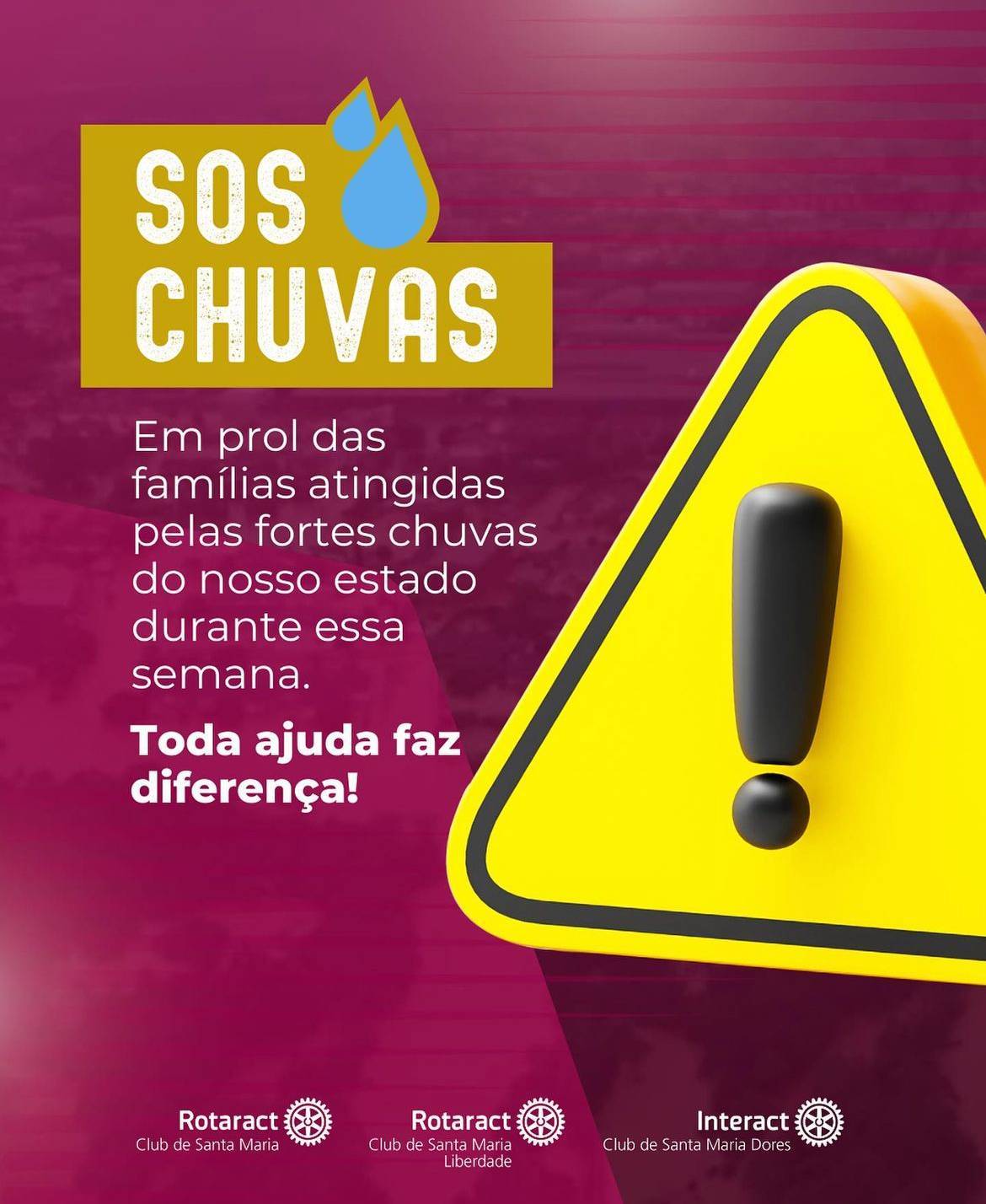 SOS CHUVAS SANTA MARIA  Em prol das famílias atingidas pelas fortes chuvas durante essa semana, as Novas Gerações de Santa Maria estão realizando um Pix Solidário!  Todo valor arrecadado será destinado à compra de materiais necessários para repasse às vítimas das chuvas, como itens de higiene e limpeza, alimentos e roupas.  Salientamos que todo e qualquer valor é bem-vindo, e também a cidade está aceitando doações diretas na Secretaria Municipal de Desenvolvimento Social (Rua Tuiuti, 1586). Posteriormente, prestaremos contas de todas as doações. Estamos ainda precisando de voluntários no Centro Desportivo Municipal (CDM - Farrezão) para auxiliar no atendimento aos desabrigados.