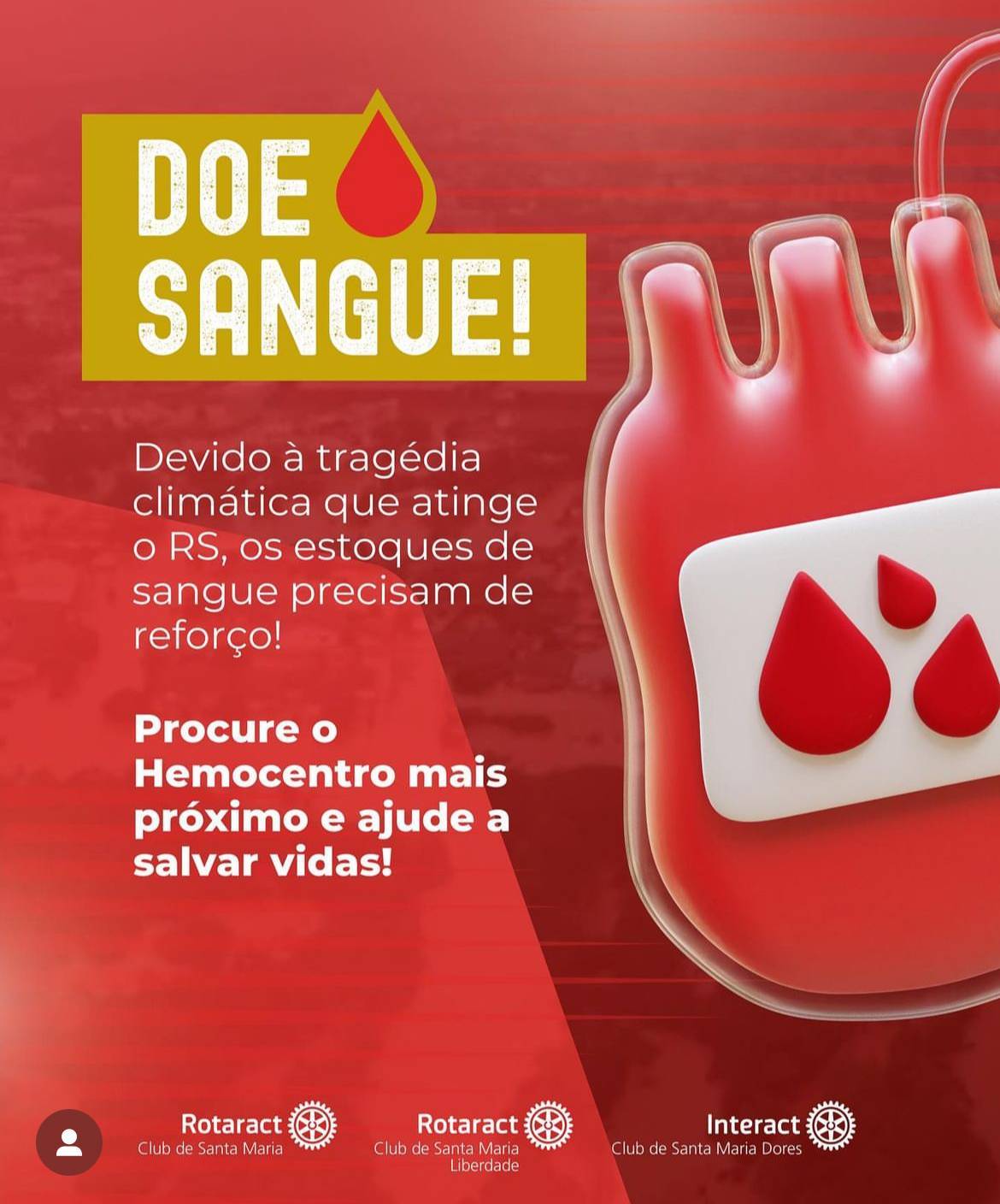 PRECISAMOS DE VOCÊ! ! Devido à tragédia climática que assola nosso estado, os bancos de sangue precisam reforçar os estoques de todos tipos sanguíneos. Doe sangue e ajude a salvar vidas. O Hemocentro Regional de Santa Maria está localizado na Alameda Santiago do Chile n° 35 e fica aberto de segunda a sexta das 8h às 14h. Agende sua pelo link: https://saude.rs.gov.br/agendamento-para-doacao-de-sangue Busque o hemocentro mais perto de você e faça sua parte! Qualquer dúvida e outras formas de ajudar, nossos associados estão à disposição.