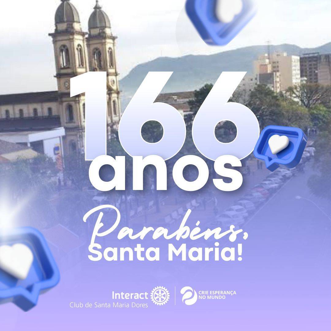 Coração do Rio Grande, cidade universitária, referência no estado! Cidade que o clube tem orgulho de carregar em seu nome: Interact Santa Maria Dores!  Gostaríamos de parabenizar a cidade berço dos nossos projetos, a qual temos prestígio em residir e agir na sua comunidade!   Parabéns Santa Maria, 166 anos sendo a casa de milhares de habitantes💙   #paratodosverem Esse post possui legenda alternativa para maior inclusão e acessibilidade. Ative a função de acessibilidade no Instagram e confira.