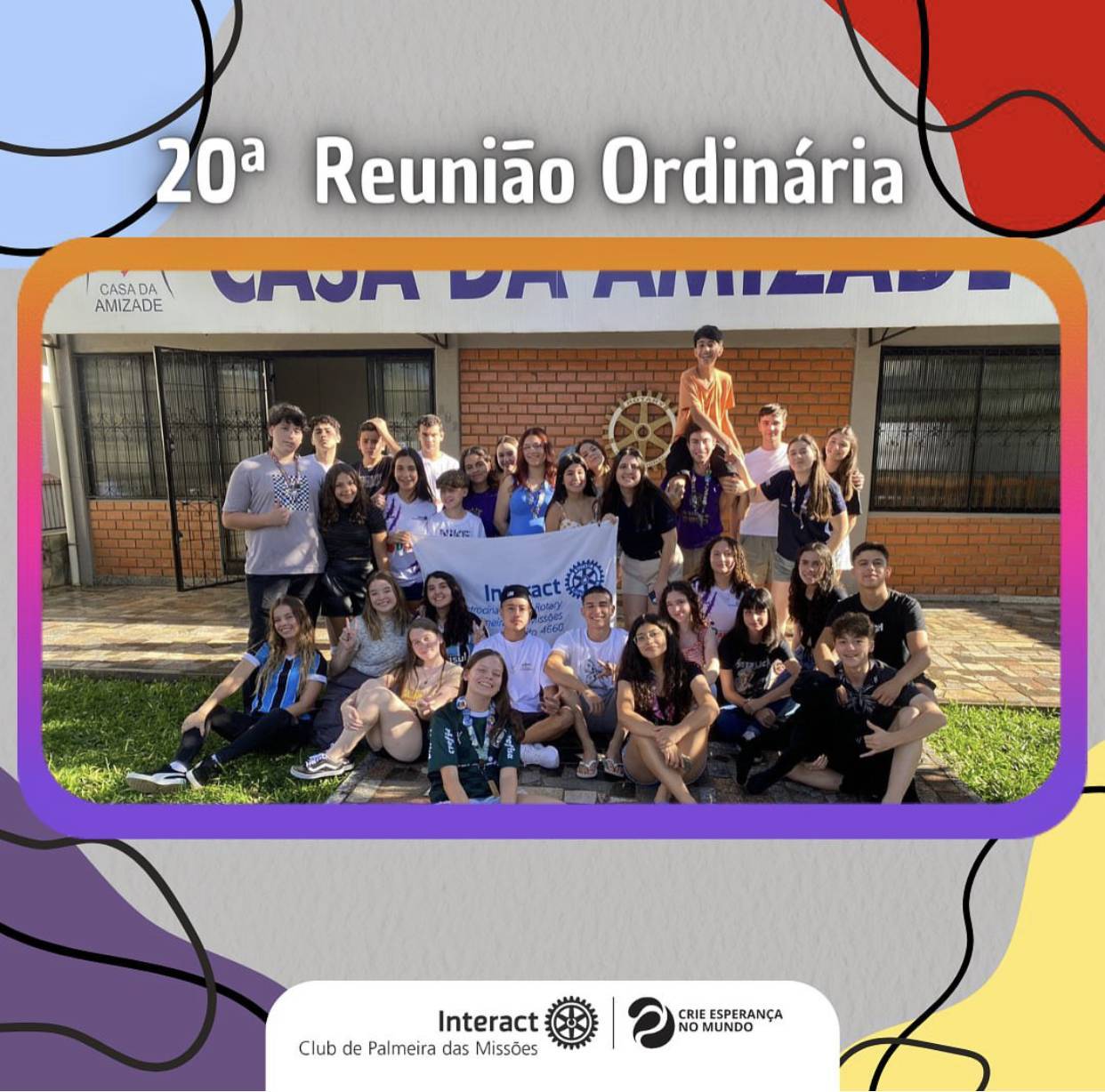 ✨No dia 06 de abril, ocorreu a 20° Reunião Ordinária do Interact Club de Palmeira Das Missões, presidida pela presidente Isadora Ávila sob o lema Crie Esperança No Mundo.  📎Dentre os assuntos falados podemos citar:  •Discurso do companheiroJosé Artur. •Projeto na Escola Gente Nossa •Brigadeiract  •Fórum de Treinamentos •Projeto Ninho de cuidados (entrega) •Torneio de futsal  •Projeto trimestral educação básico •Apresentação sobre o simularact 