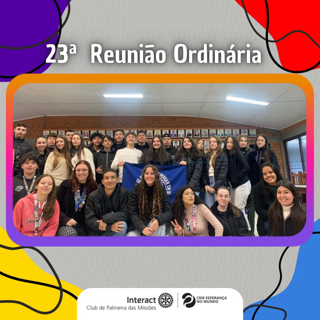 ✨No dia 18 de maio, ocorreu a 23ª Reunião Ordinária do Interact Club de Palmeira Das Missões, presidida pela vice-presidente Lauren Gabbi sob o lema Crie Esperança No Mundo.  📎Dentre os assuntos falados podemos citar:  •Codic •Projeto trimestral  •Concurso Distrital de Projetos •Caixa do clube •Projeto de Fundação Rotaria  •Mensalidades  •Gincanaract  •Relatórios •Reunião de pais  Logo após, tivemos uma dinâmica com torta na cara, realizada pela DQA, Júlia, na qual eram feitas perguntas de conhecimento rotário e geral🧁
