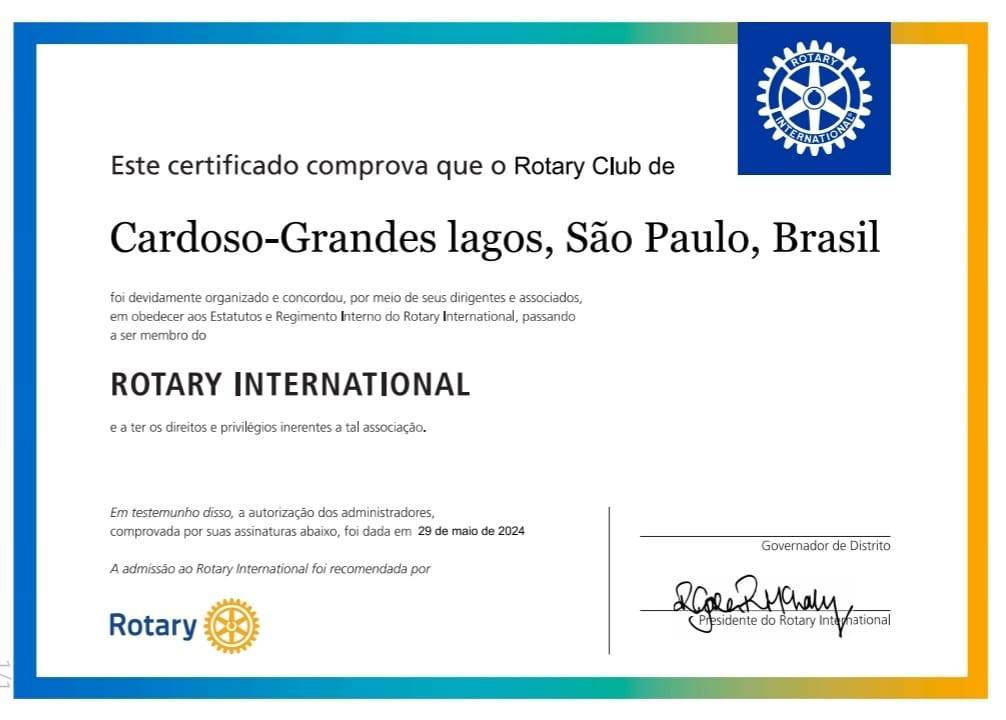 Rotary Club de Cardoso - Grandes Lagos recebe certificado do Rotary International