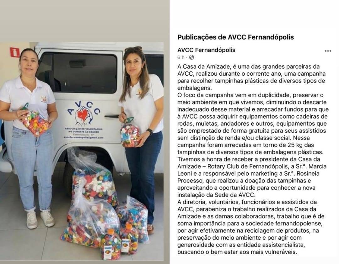 Casa da Amizade de Fernandópolis e AVCC Realizam Campanha de Tampinhas