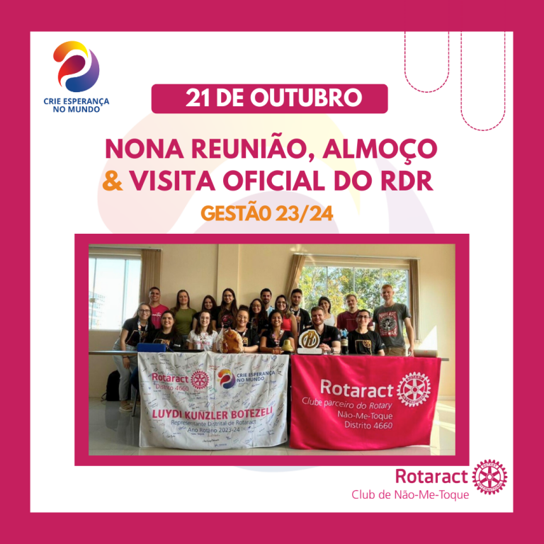 No sábado (21/10) aconteceu a Nona reunião do Rotaract Club de Não-Me-Toque, juntamente com um almoço festivo e a ilustre visita do atual RDR para gestão 2023/24 Luydi Kunzler Botezeli. ⚙️💗  Na oportunidade, foi organizado e ajustado os mínimos detalhes para o Bingo do Rotaract, além de diversos assuntos sobre projetos e eventos futuros. O RDR Luydi aproveitou para sanar dúvidas do clube, expor sua visão sobre o andamento do grupo, e ainda nos deixou muitos elogios.  Agradecemos a presença do RDR Luydi (@luydibotezeli ), estamos sempre de portas abertas para recebê-lo. 💪🏼⚙️