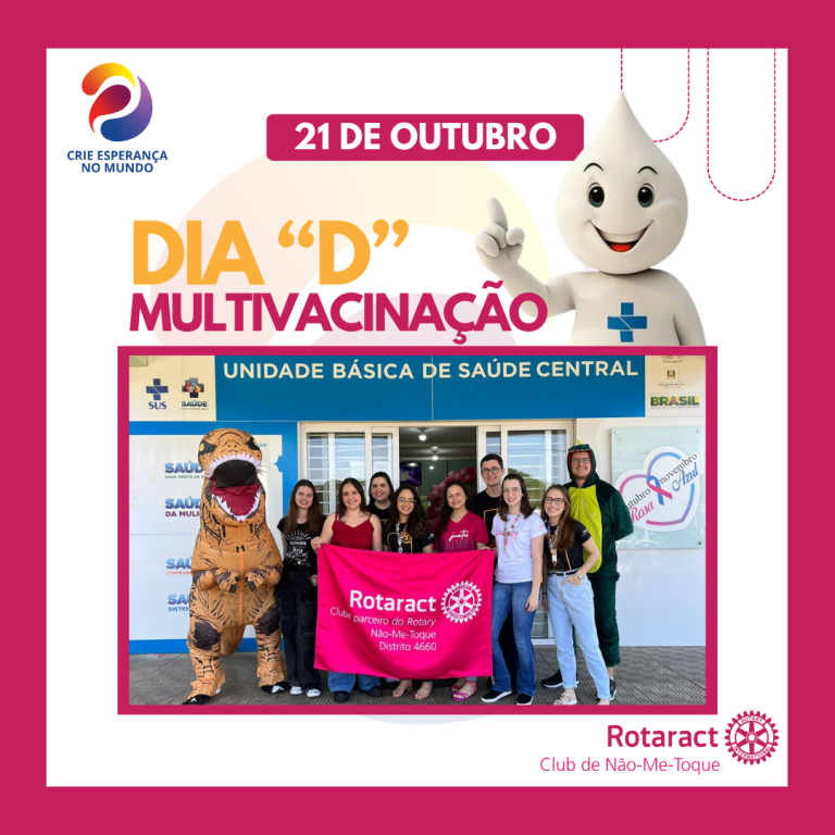 No sábado (21/10), estivemos presentes no DIA D de MULTIVACINAÇÃO, no posto de saúde central, aqui de Não-Me-Toque. 💉⚙️  A data foi marcada pela campanha e realização de vacinações diversas, incluindo a vacinação contra a Poliomielite (paralisia infantil).💪🏼  ---------- Sobre a campanha END POLIO NOW:  O Rotary trabalha para erradicar a pólio há mais de 35 anos e o alcance do nosso objetivo de livrar o mundo dessa doença está mais próximo do que nunca.  Como parceiro fundador da Iniciativa Global de Erradicação da Pólio, reduzimos os casos de pólio em 99,9% desde o nosso primeiro projeto de vacinar crianças nas Filipinas, em 1979.  Os associados do Rotary doaram mais de US$2,1 bilhões e incontáveis horas de trabalho para proteger cerca de três bilhões de crianças da paralisia infantil em 122 países. Os esforços de sensibilização do Rotary contribuíram para obtermos o apoio governamental de diversos países, os quais destinaram mais de US$10 bilhões à causa.  Hoje, a pólio permanece endêmica em apenas dois países: Afeganistão e Paquistão. Mas é crucial continuarmos trabalhando para manter outros países livres dela.  💉 VACINAS SALVAM VIDAS.