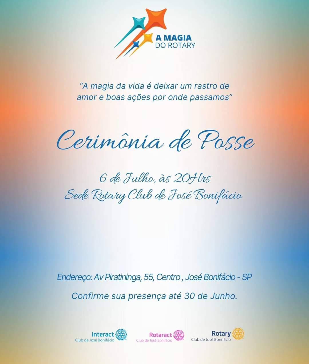 Convite para cerimônia de posse do Rotaract Club de José Bonifácio