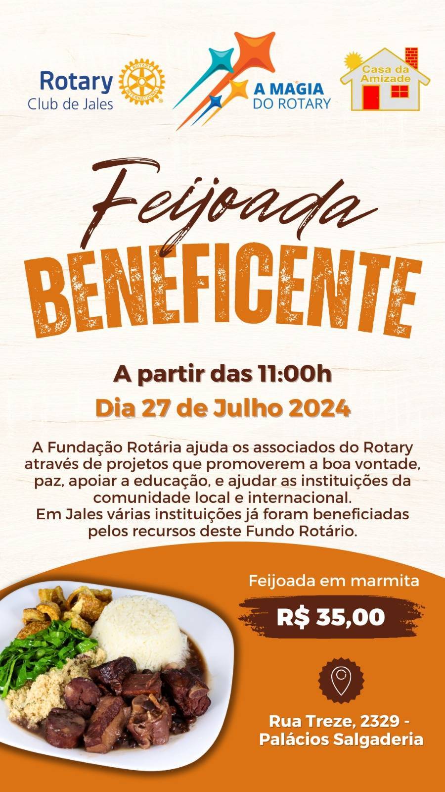 Rotary Club de Jales e Casa da Amizade Convidam para Feijoada Beneficente