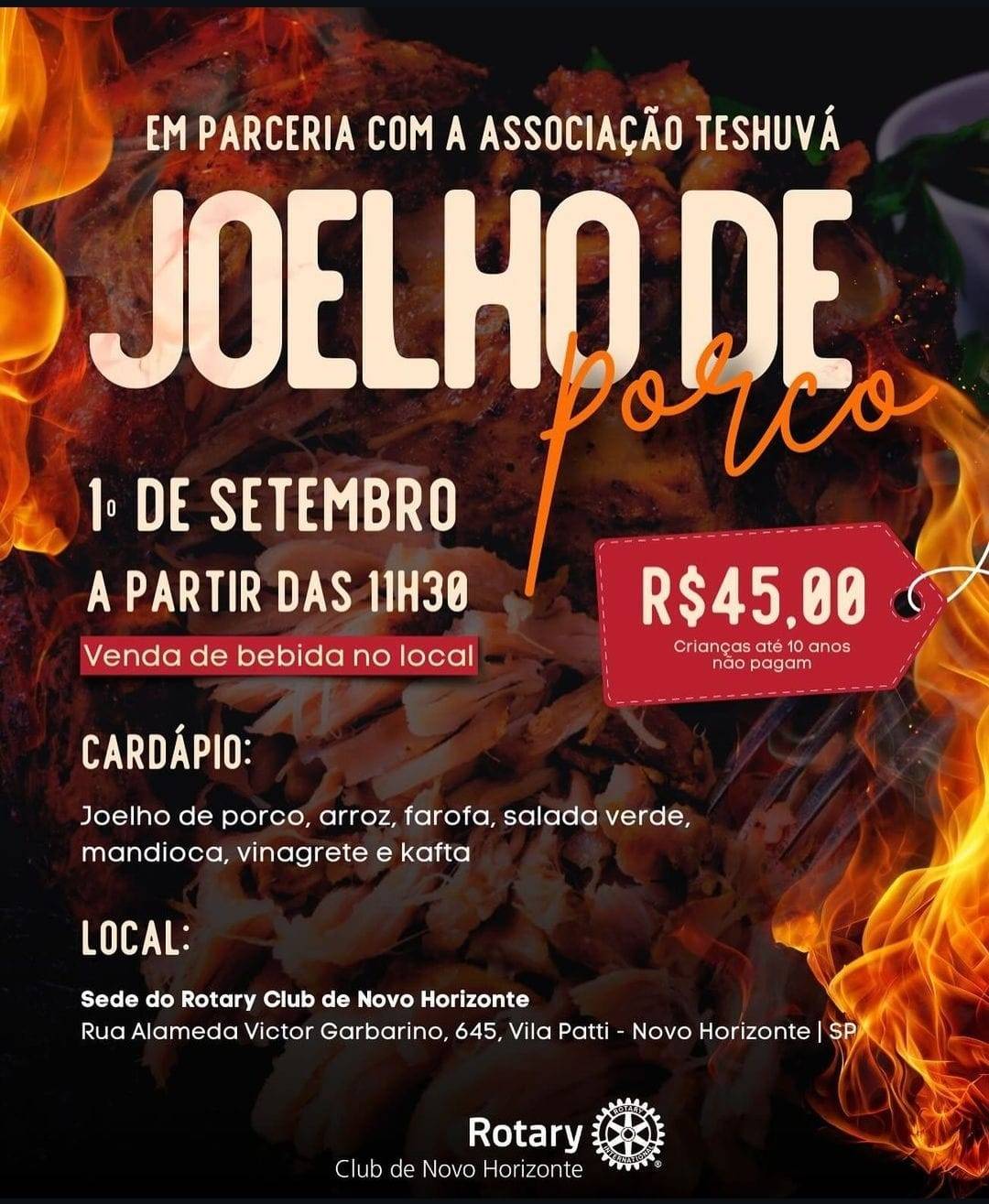 Rotary Club de Novo Horizonte e a Associação Teshuvá Convidam Para Delicioso Joelho de Porco