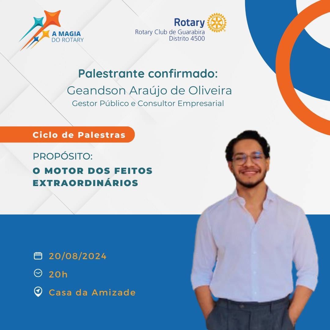 Propósito, o motor dos feitos extraordinário.  Palestrante: Geandson Araújo  - Graduado em gestão Pública - MBA em Consulta Empresarial - Coord. de Protocolo e do Governo Digital do Município de Guarabira - Encarregado de Proteção de Dados do Município de Guarabira - Sócio-administrador da PAMR Consultoria Empresarial.